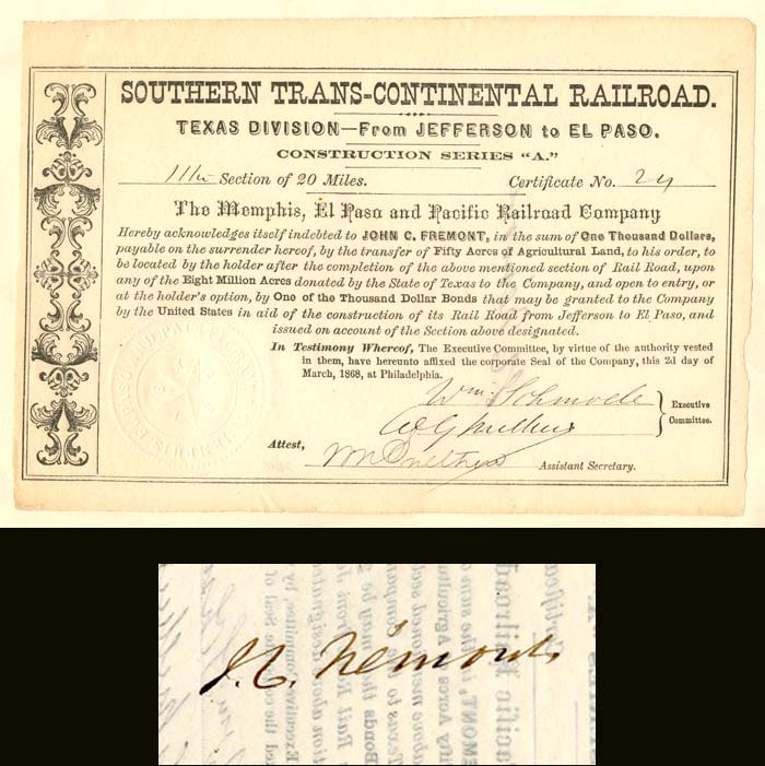 Southern Trans-Continental Railroad signed by John C. Fremont